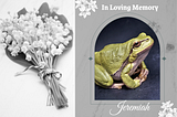 Funeral pamphlet with image of bullfrog and text ‘In Loving Memory, Jeremiah’
