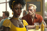 Black woman in yellow dress sitting at a table in a diner with a muscular while man in a red shirt.