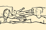 A line drawing of three people in a bed: A man and woman reach to hold each other’s arms while a small child rests horizontally between their faces, holding them apart