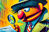 A colorful image in a New Yorker style, depicting a puppet inspired by Bert from Sesame Street, dressed as a detective. This unique puppet has a long, orange nose, a unibrow, and a mop of black hair. He is wearing a classic detective outfit, complete with a trench coat and a fedora hat. The puppet is examining documents with a magnifying glass, looking focused and inquisitive. The scene is vibrant and detailed, capturing the essence of a detective’s investigative work.