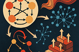 A 2D digital illustration showing interconnected systems: graphs, arrows, and abstract nodes representing variables, flowing through layered networks and complex patterns, evoking the idea of cause and effect in dynamic systems.