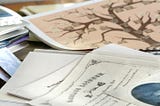 Papers showing genealogy research, including a picture of a family tree