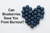 A heart made of blueberries on a white background, with the title “Can Blueberries Save You From Burnout?” in bold black text beside it.