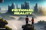 An AI-generated image of two people holding hands, standing on the edge of a cliff, overlooking a futuristic, utopian city, which is emerging from the center of a tropical valley.