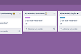 Print de um quadro no Trello. É um quadro com fundo roxo que possui nove colunas e cada uma representa uma etapa do processo. Da esquerda para a direita lê-se “descoberta”, “criar fluxo”, “as palavras (pesquisa)”, “as palavras (brainstorming)”, “as palavras (rascunhar)”, “as palavras (edição)”, “as palavras (revisão)”, “as palavras (testar)” e “depois das palavras”.