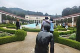 Getty Villa, view of fountain with statue in foreground