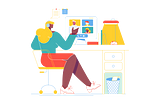 A colorful illustration of an individual sitting at a desk talking to peers on a video call.