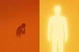 A split image shows a dark figure hunched over with their head in their hand on the left — symbolizing being overqualified and underpaid — contrasted by a bright, glowing, upright figure on the right that represents well-being. Image credit: The Ratchet Sage™ (Ebony L. Green) — “Employee vs. Consultant Comparison Visual” under the following license: Authentic Distinction™ exclusive.