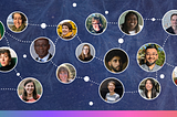 A graphic visual showing a cosmic blue background dotted with the circular headshots of the series contributors, hosts and producers, all connected by dotted white lines. Participants are represented by little white circles, punctuating the space.