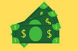 Three green dollar bills on a yellow background.