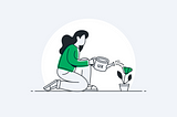 An illustration of woman watering a plant with a watering can that has “UX” on its side