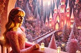 Swedish princess with strawberry blonde hair wearing a pink dress standing on a balcony of a rose quartz castle looking out to an enchanted, magical forest