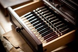 An ornate desk drawer lined with high-quality ink pens