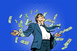 A clip art of several money notes with a man