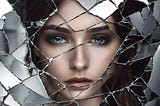 Sad looking woman in a shattered mirror.