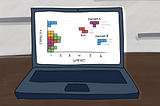 Illustration of a laptop with Tetris tiles falling right to left, on a laptop, with each piece representing a backlog item