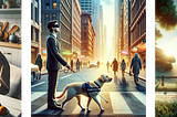 three AI generated images: a photo of a person with light skin and short hair eating breakfast a person with light skin in a suit walking in a crosswalk with a guide dog and a white cane. the white cane is going through the dogs harness in an unrealistic way a person with light skin and a prosthetic leg runs outside