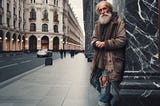 An old man in worn out clothes leaning on the corner of a stylish street