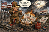 In the background a gas station with a sign says “GOVERNMENT-OWNED.” Donald Trump caricature dressed like Elmer Fudd is holding a golf club like it's a rifle. A SPEECH BUBBLE above his head says “Be vewy, vewy quiet, I'm hunting . . . “ He's standing next to a roaring fire in a pit with a gas can sitting next to it. Several “U.S. GOVERNMENT CONTRACT OF OWNERSHIP” papers stamped in red “PAID BY TAXPAYERS” are in the firepit. A SPEECH BUBBLE from the sky says “Hey, It's ME God.” A yard sign in the background says “COMMUNISTS NOT WELCOME.” A tax bill addressed to “MILLIONAIRE” is laying next to the yard sign. “VOTE” election buttons are disbursed on the ground. A sign laying on the ground beside the Trump says “CAPITALISM”. It looks like it was run over.