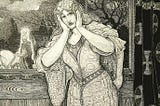 A black and white illustration dating from 1898 of a woman frowning with her hands over her ears.