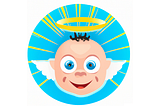 Cartoon image of smiling baby with a halo and sun rays.