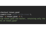 git checkout known_good && git commit-tree$(git write-tree) -p master -p known_good -S -m “Merge known_good and master,