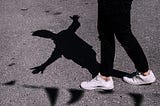 torso of person walking on pavement, arms outstretched, which can be seen in their nearby shadow