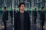 a man surrounded by reflections of himself