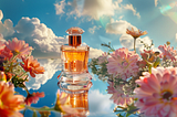 Product photography, a perfume bottle, on top of a mirror againt a bright sky blue sky, with clouds, surrounded by flowers, dreamy serene atmosphere, sunlight refracting, high angle shot — ar 16:9