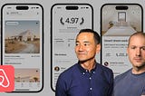 An edited image of Jony Ive and Hiroki Asai on top of Airbnb product images background