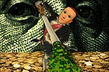 A tuxedoed figure dramatically shoveing greenish pigs into a tube, from whose other end vomits forth a torrent of packaged goods. He has the head of Mark Zuckerberg’s ‘metaverse’ avatar. He stands upon an endless field of gold coins. The background is the intaglioed upper face of the engraving of Benjamin Franklin on a US$100 bill, roughed up to a dark and sinister hue.