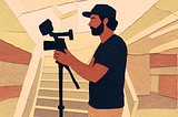Man with video camera in front of stairs