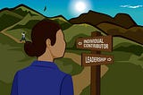 A professional looking woman hiking on a path with a navigation sign that presents to routes: Individual Contributor and Leadership.