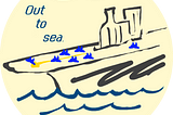 Aircraft carrier out in the ocean somewhere with “Out to sea” written above. Illustration by Jeff Stilwell.