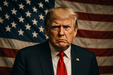 Emotionally charged portrait of former President Donald Trump standing against a large American flag, his face shadowed and tense. The lighting emphasizes deep lines and a hard expression, symbolizing defiance and indifference. The flag behind him billows in uneven, turbulent folds, suggesting national conflict and moral imbalance. The overall composition conveys the stark contrast between presidential power and the human consequences of policies affecting vulnerable Americans.