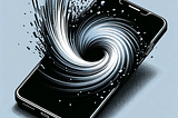 This image depicts a minimalist, high-contrast scene featuring a smartphone with a powerful vortex emanating from its screen. The vortex is pulling in everything around it, with reality dissolving into pixels as they are sucked into the phone. The visual is stark and impactful, using mainly black, white, and shades of gray to emphasize the dynamic action.