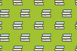 A pattern made up of a repeated icon of two books on top of each other. The top book has a bright blue cover, the middle book has a yellow cover and the bottom book has a purple cover. The piles of books are on a bright green background.