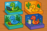 Ilustración animada en estilo 2D que muestra varias serpientes de colores, cada una dentro de una caja o microhábitat sobre un escritorio de madera. Cada serpiente representa un entorno virtual de Python y realiza una actividad distinta, como programar o descansar.