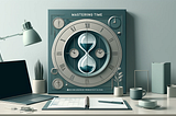 A professional blog cover image titled “Mastering Time: 4Ds for Enhanced Productivity & Focus”. It features a minimalist clock and sleek hourglass symbolizing time management, set against a calm workspace with an open planner, laptop, plant, and coffee mug. The soothing color palette includes muted blues and greens, promoting a productive and serene atmosphere.