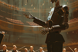 A robot conducting an orchestra of humans