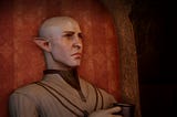 Solas sipping tea and looking disgusted in Dragon Age Inquitision.
