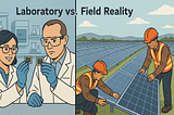 ChatGPT generated a panoramic image illustrating “Laboratory vs. Field Reality”: on the left, scientists examine small, high-efficiency perovskite cells in a lab; on the right, workers install conventional silicon PV modules across a sprawling solar farm