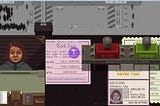 A screenshot of Papers, Please, showing your work desk.