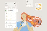 A character with long orange hair and geometric shapes inside showing the Ui of the Habits application.