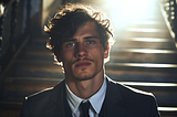 A young man in a suit, with a strained expression on his face, stands in front of a staircase with a light shining through a window behind him.