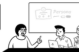 Cartoon of people in a meeting room. Having a content testing session.