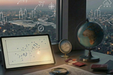 Desk with a globe, ipad, and passports overlooking the city. A scatterplot is present on a ipad. The windows have HUD like white doodles on them, highlighting important buildings in the cityscape.