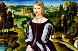 AI generated image of Taylor Swift in a renaissance landscape wearing a period dress