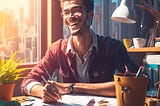 AI-generated image of a smiling young man basking in bright sunshine at his work desk