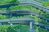 A unique modern building with many green plants on different layers in an urban context.